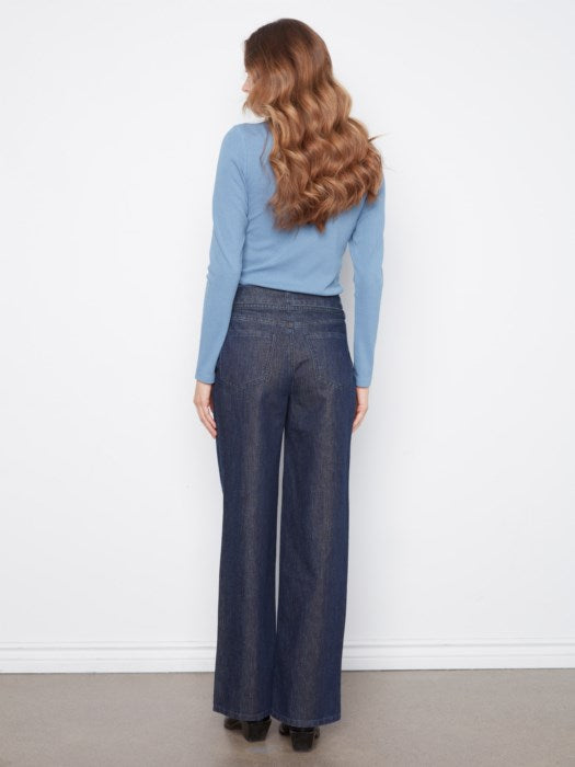 Belted Wide Leg Pants - Blue Black