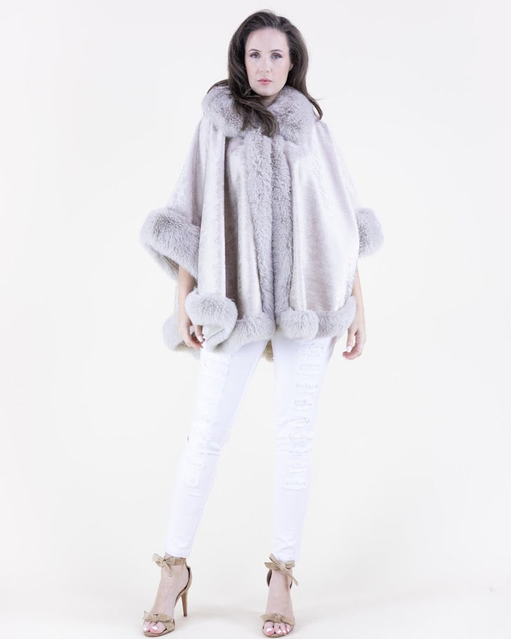 Luster Vegan Fur Trim Cape - Champagne