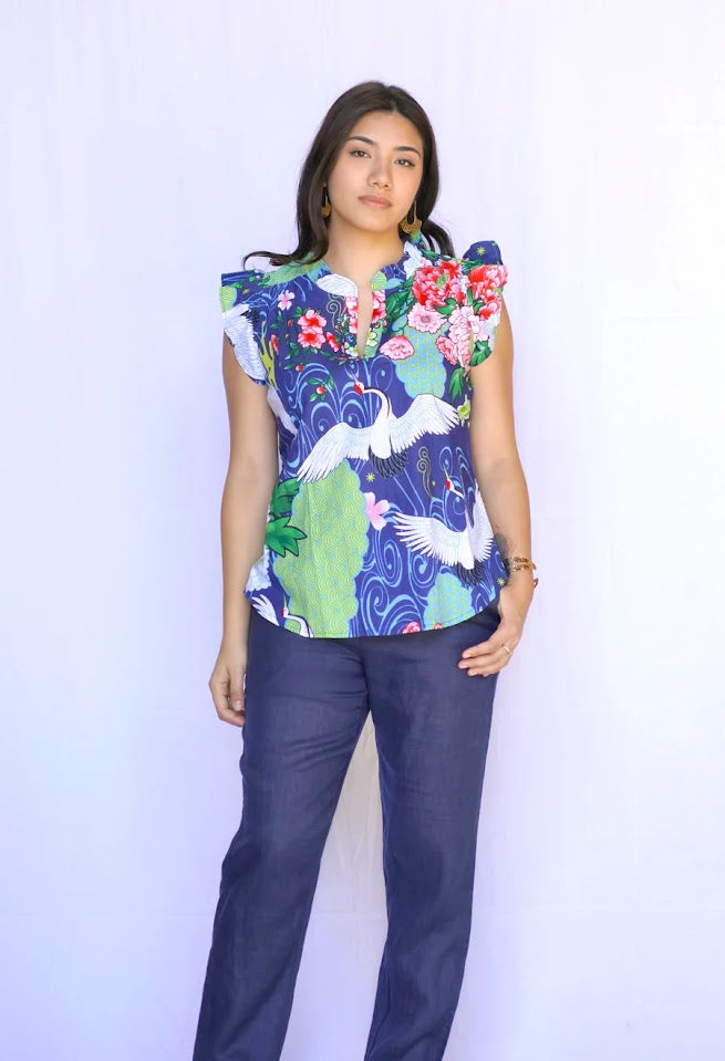 Susan Floral Top - Navy