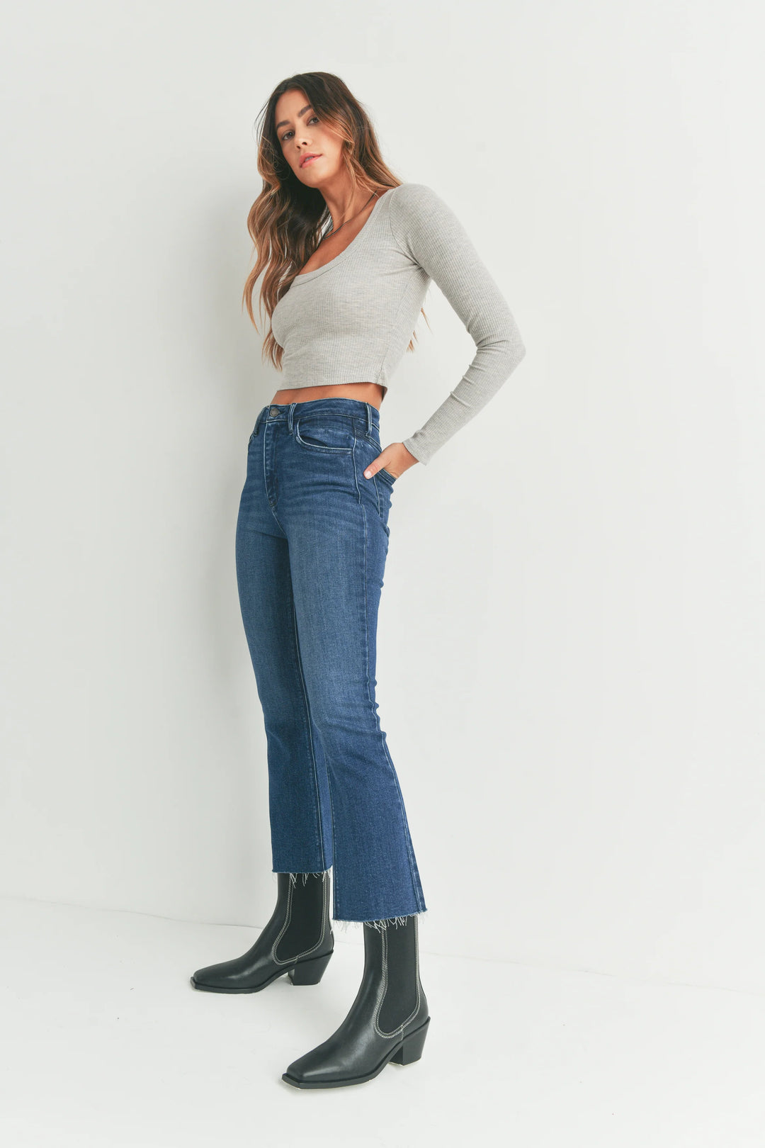 JUSTUSA HR Tonal Crop Flare Jean - Dk Denim