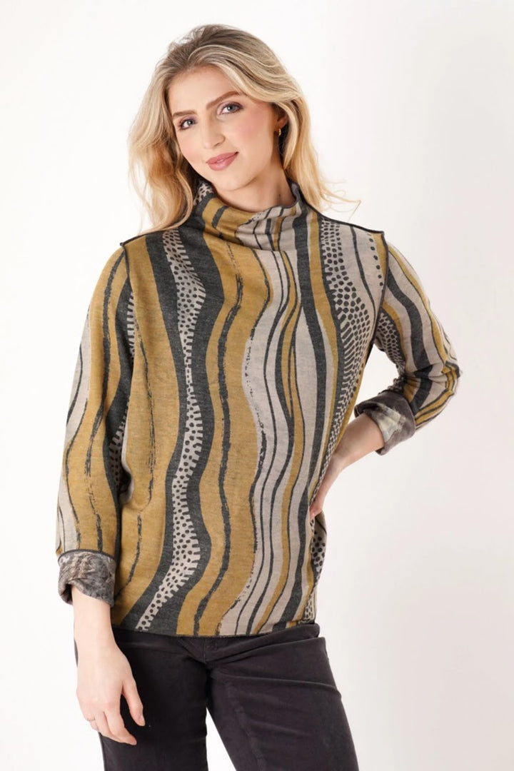 Reversible Mock Neck Top - Tan Black Multi