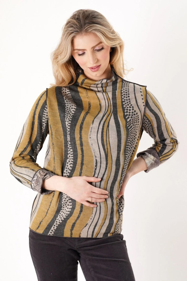 Reversible Mock Neck Top - Tan Black Multi