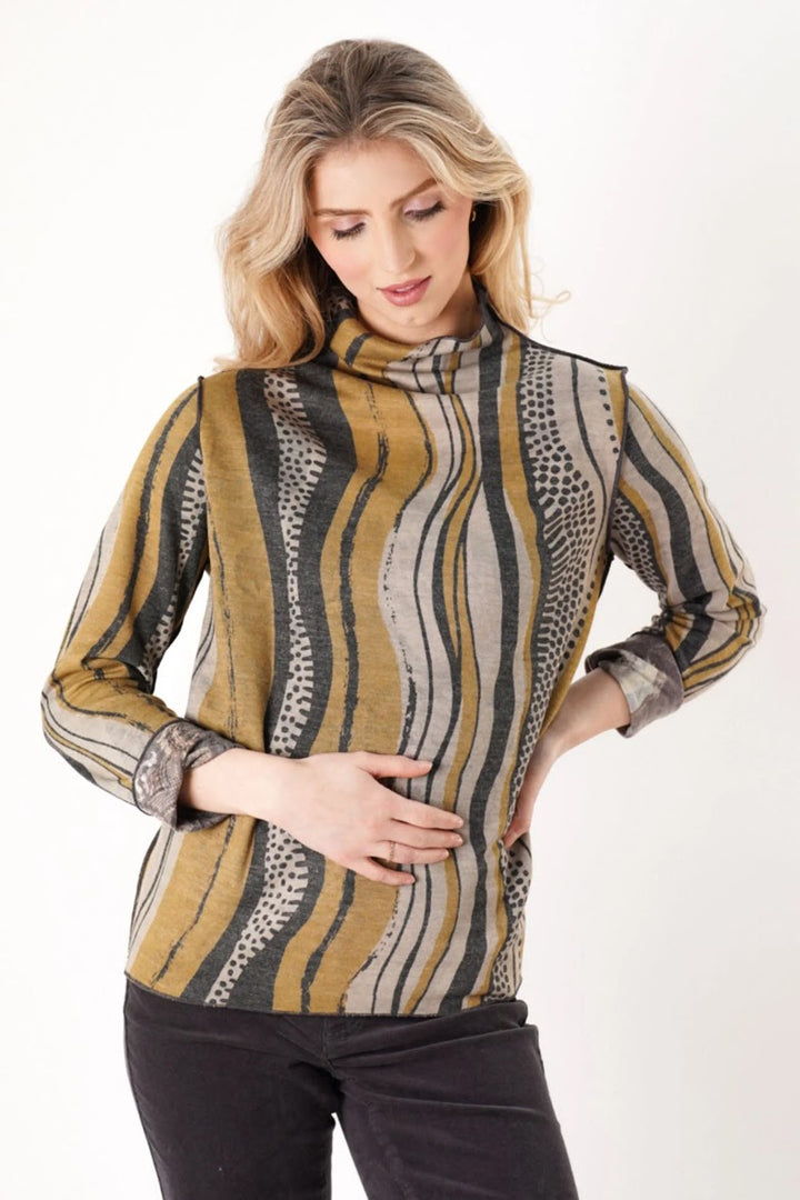Reversible Mock Neck Top - Tan Black Multi