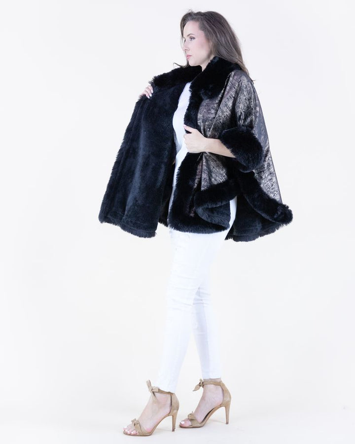 Luster Vegan Fur Trim Cape - Black