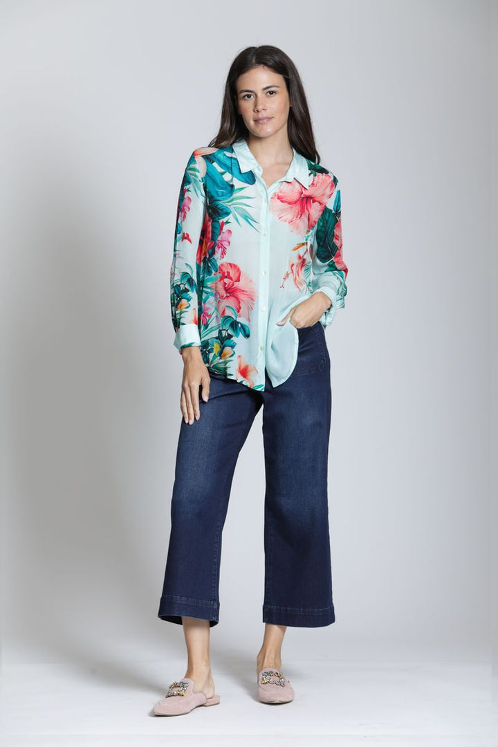 Hibiscus Bliss Blouse - Aqua