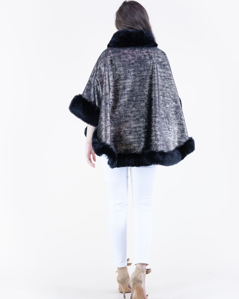Luster Vegan Fur Trim Cape - Black