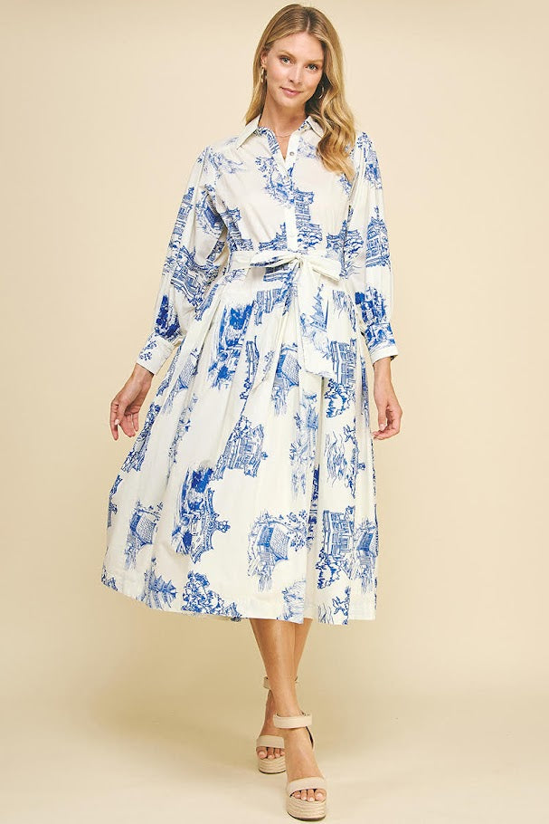 Janice Shirt Dress - Ivory Blue