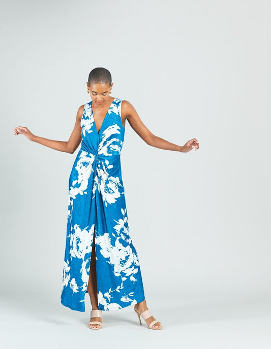 Floral V Neck Maxi Dress - Blue White